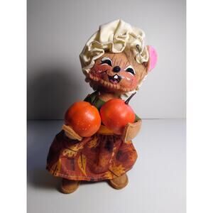 Annalee Dressed Lady Mouse Figurine In Bonnet Fall Harvest Seasonal Fabric 6"
